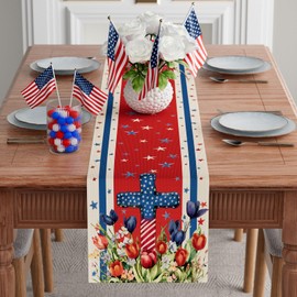 XCHI Watercolor Colorful Tulips Flowers America Stars Patriotic 4th of July Memorial Day Independence Day Table Runner Decoration for Home Kitchen Holiday Party 13x90 Inch