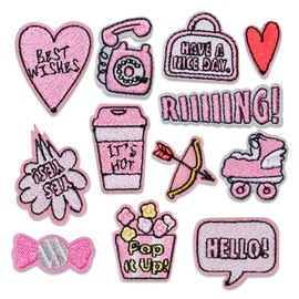 ulricar 12PS Pink Cartoon Iron On Patches Embroidery Applique Clothes Sewing Supplies Decorative Child Cute DIY Iron On Badges for Clothes Jackets Hats Backpacks