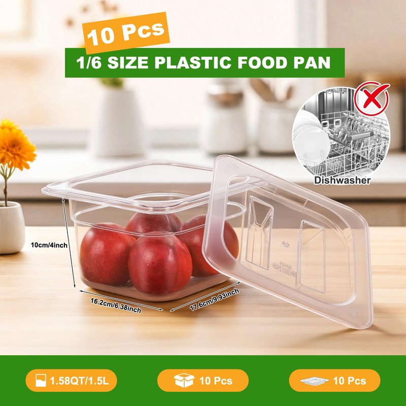 West Bay 10 Pack 1/6 Size Plastic Food Pans with