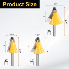 sourcing map 3pcs Chamfer Router Bit Set 1/4" Shank 15, 22.5, 30 Degree Cutting Angle Carbide Wood Router Bits for Woodworking, Yellow
