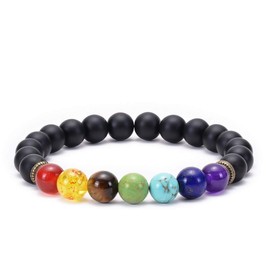 GelConnie 7 Chakra Bracelets 8mm Black Matte Agate Chakra Stone Healing Crystal Bracelet Elastic Yoga Bead Stretch Bracelets Meditation Relief Stress Bangle Relax Energy Balance Gift for Women, Men