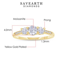 SAVEARTH DIAMONDS 3-Stone Ring, 18k Gold Plated Lab Created Moissanite Diamond Engagement Ring For Women | Promise Ring For Her (0.45 Cttw), Metal Brass, Moissanite