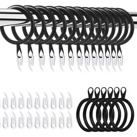 Hommakr Curtain Rings and Hooks 24 Pcs – Bigger Curtain Rings Metal with 32mm Inner Diameter & Eyelets for Shower Curtains, Decorative Drapery – Durable Curtain Pole Rings & Plastic Hooks- Black