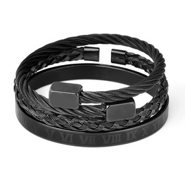 LAPANDREW - set de 3 pulseras de acero inoxidable color negro para hombre regalo 18 cm set de 3 pulseras grabada entrelazada tipo cuerda y con caja de regalo (NEGRO)