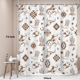EGLGCC - Cortina de ducha de vaquero occidental azteca, desierto suroeste, cactus bohemio, blanco y dorado, vaca de granja de 60 x 72 pulgadas, tela de poliéster lavable, decoración de baño, 12
