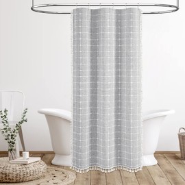BTTN 78 Inch Long Shower Curtain - Boho Farmhouse Linen Ultra Thick Fabric Shower Curtain Set with Plastic Hooks, Tall Rustic Country Luxury Cloth Shower Curtains for Bathroom Decor, Gray/Grey, 72x78