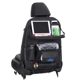 HURESON Upgraded Car Back Seat Organizer with Trash Can Foldable Table Tray Tissue Holder Backseat Car Organizer Kick Mats Back Seat Protector for Kids (tray+trash black 2pcs)