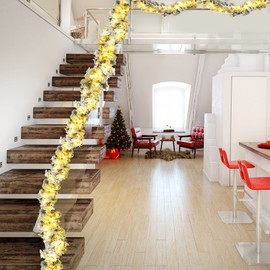 Happygrill 9FT Pre-Lit Flocked Christmas Garland Lush & Natural Looking Battery Operated 50 Warm White LED Lights Luxurious Garland with White Berries & Poinsettias Flowers