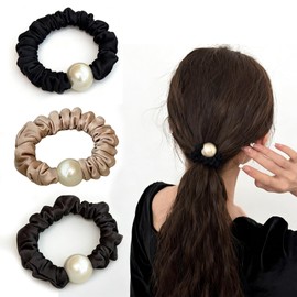 YINKE シュシュ リボン セット シルク ゴム 高弾性 跡がつかない パール付き 大人可愛い ヘアアクセサリー 3個組（ブラック/カーキ/ダークブラウン）