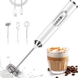 Espumador de Leche, 3 en 1 Batidora de Mano Electrico Recargable USB con 3 Velocidades Ajustables, Batidora de Leche Espuma con 3 Batidores Acero Inoxidable para Café, Latte, Capuchino(Blanco)…