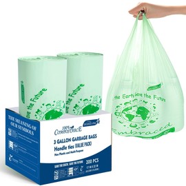 BEIDOU-PAC 100% Compostable Trash Bags, 3 Gallon Compost Bags Small Kitchen Trash Bags with Handle, 200 Count Sturdy Biodegradable Garbage Bags Food Scrap Waste Bags, ASTM D6400, US BPI Certified
