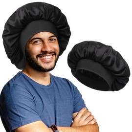 AWAYTR Satin Bonnets for Men Double Layer Silk-Like Hair Bonnets with Wide Band Reversible Nightcap for Unisex Sleeping Cap Head Wrap - Color: Black/Champagne