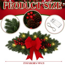 Yalikop 24.5 inch Christmas Swags with Light Artificial Pine Needles Swag Decoration Greenery Christmas Swag for Front Door Window Stair Fireplace Mantle Holiday Xmas Decor(Red Bow and Berry)