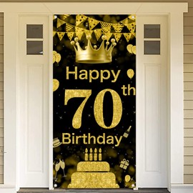 70th Birthday Party Decorative Door Cover, Large Black & Gold Happy 70th Birthday Door Banner Sign, Photo Booth Backdrop Background Banner for 70 Birthday Party Favor and Supplies