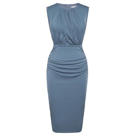 GRACE KARIN Summer Formal Midi Dresses for Women Ruched Front Drape Sleevelessless Ruched Pencil Dress Crew Neck Cocktail Dress Blue L