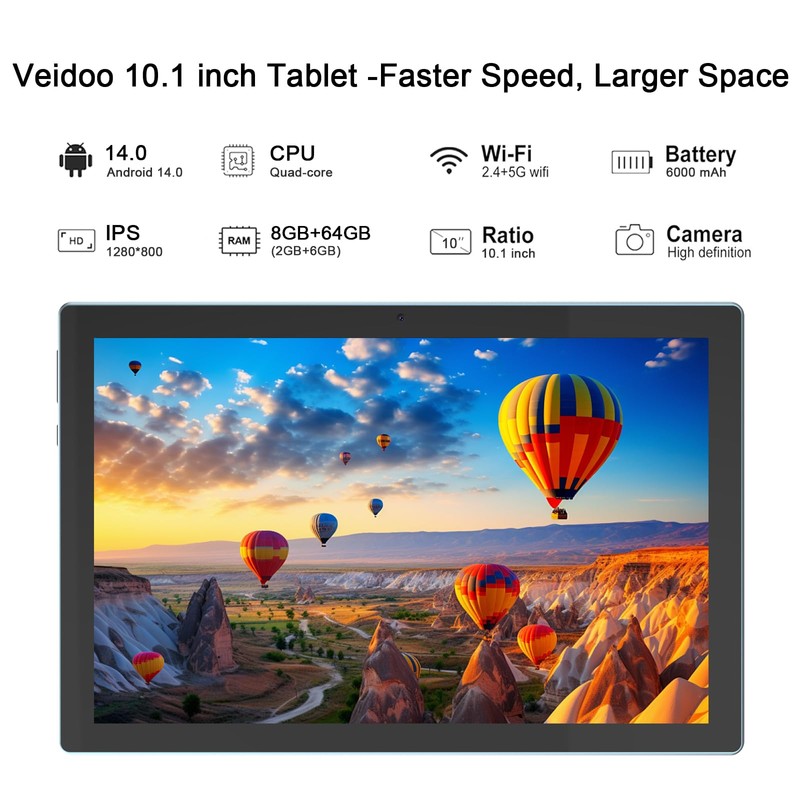 Android 14 Tablet, 10.1 inch 8GB RAM+64GB ROM/1TB(Max), 2 in