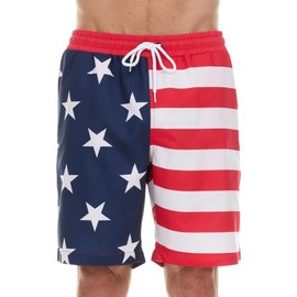 COCO BRANDS Men's Swim Trunks with Mesh Lining, Elastic Waistband, Drawstring & Side Pockets/Board Shorts, American Flag, Medium