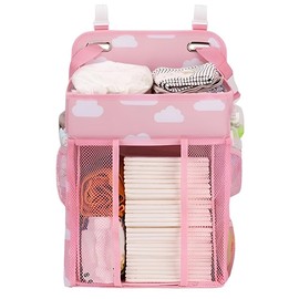 TOMVAES Hanging Nappy Organiser, Changing Table Nappy Organiser, Nursery Caddy Organiser for Cot,Playard,Nursery Organiser and Baby Nappy Caddy,Mesh Pockets (Pink)