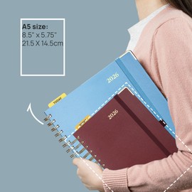 POPRUN Tagesplaner 2026, eine Seite pro Tag – [21,6 x 14,6 cm Spiralbindung, fester Einband] Agenda 2026, stündliches Terminbuch mit Monatskalender, Innentasche, elfenbeinfarbenes Papier, TJ-26