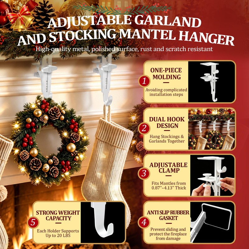 6Pcs Christmas Fireplace Stocking and Garland Hanger Fits 0.87-4.1" Mantle