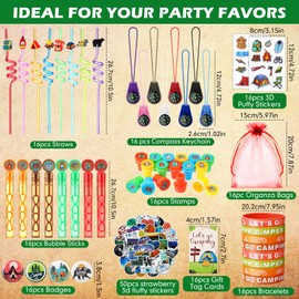 HyDren 194 Pcs Camping Party Favors Happy Camper Party Gifts Include Straws Bubble Wands Bracelet Compass Pendant Sticker Badge Stamps Cards Organza Bags for Girls Boys Birthday Supplies