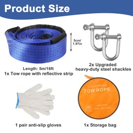 Haoledy Tow Rope Car 5 m x 5 cm, Tow Bar Car Break Strength 8 Tonnes (17.636 LBS), Offroad Accessory Set with 2 Heavy Duty Steel Shackles, One Pair of Gloves and 1 Storage Bag