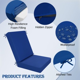 idee-home Outdoor Patio Dining Chair Cushion, High Back Density Foam Chair Seat Cushions with Removable Cover, Weather Resistant Indoor Deep, 42" W x 21" L x 3" T, 1 Count Dark Cerulean