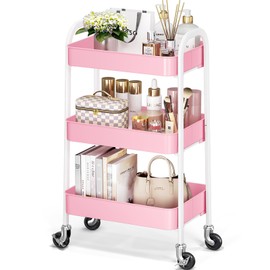 TOOLF 3 Tier Metal Rolling Storage Cart, Utility Cart No Screw, Easy Assemble Serving Cart, Sturdy Storage Trolley with Handles, for Classroom Office Home Bedroom Bathroom, Light White (Pure Pink)
