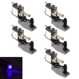 ESUPPORT Car Carbon Fiber Cover Blue LED Light Rocker Toggle Switch SPST ON Off Pack of 5