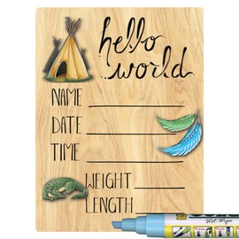Cohas Hello World Newborn Baby Announcement Printed Wood Sign with Fantasy Land Theme, 5 by 7 Inches, Blue Marker