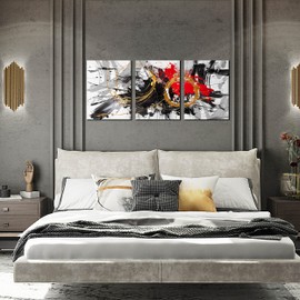 HUBOSKN Abstract Wall Art for Living Room - Black and Gold Art Work for Office Walls - Modern Canvas Wall Art for Bedroom Size 12" x 16" x 3 Pieces