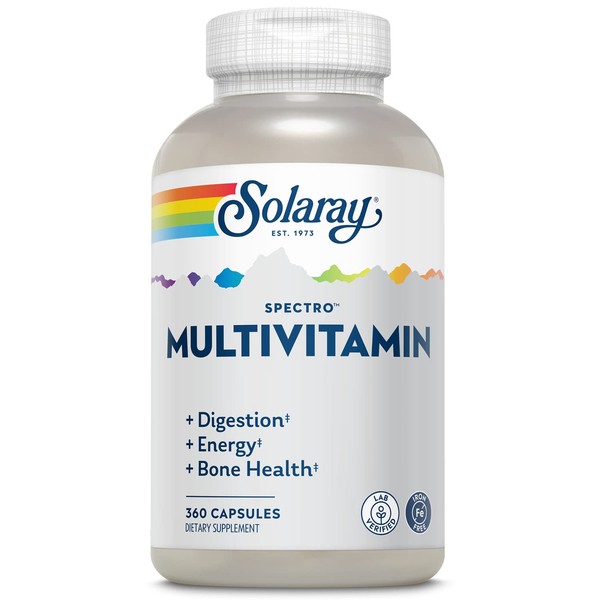 SOLARAY Spectro Multivitamin, w/No Iron, Cal/Mag, Energizing Greens & Herbs w/Digestive Enzymes, 42 Serv, 360 Caps (60 Serv, 360 CT)