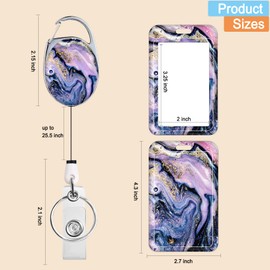 Badge Holder with Retractable Reel, Cute Badge Reel with Belt Clip Carabiner and Key Ring, Vertical Id Name Card Protector Cover Case for Office Worker Nurse Teacher Student (Purple Marble)