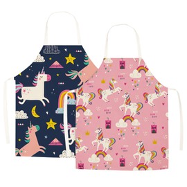 Wolepaz 2 Pcs Kids Aprons, Cartoon Style Adjustable Child Chef Aprons, Linen Unicorn Horse Aprons for Boys Girl's Kitchen Cooking Baking Painting Wear(Pink+Blue)