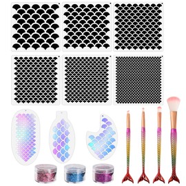 Mermaid Scale Stencil Set 9 Pieces Reusable Mermaid Face Makeup Stencils Fish Scale Templates, 3 Bottles Glitter and 4 Pcs Eye Makeup Brushes - Women Girl Cute Make Up DIY Tool Set