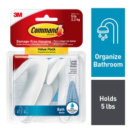Command Bath Large Towel Hook Value Pack, Total 6 Large Wall Hooks with 6 Water Resistant Strips, 2-Pack of 3 Hooks, Organize Damage-Free