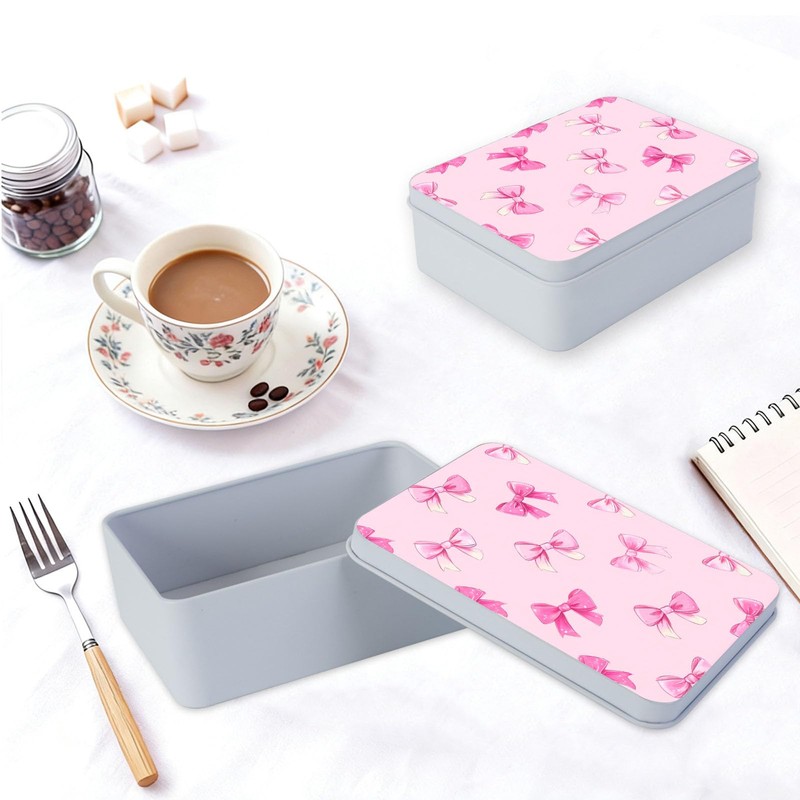 DISUOFEART Metal Tin Box with Lid, Cute Pink Bow Sturdy