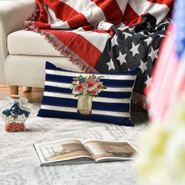 AVOIN colorlife Patriotic 4th of July Flower Stripes Throw Pillow Cover,12 x 20 Inch Patriotic Pillows Independence Memorial Day Cushion Case for Sofa Couch