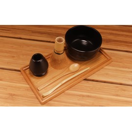 BambooMN Brand - Matcha Bowl Set (Includes Bowl, Rest,Tea Whisk, Chasaku, Tea Spoon & Tray) 1 Set Black