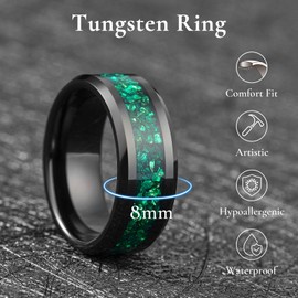 King Will Mens Black Tungsten Wedding Bands Green Meteorite Inlay 8mm High Polished Beveled Edge Engagement Ring Comfort Fit, Size 10