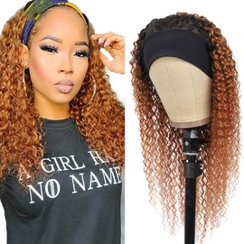 Headband Wig Human Hair Kinky Curly Wig Women's Real Hair No Lace Real Hair Wig Wear and Go Glueless Wigs Human Hair Wig 150% Density Headband Wigs 1B/30 Brown Wig 24 Inches (60 cm)