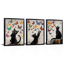 LoveHouse Cat Framed Wall Art Colorful Butterflies Wall Decor Cute Cat Picture for Wall Animal Canvas Wall Art for Kids Room Bedroom