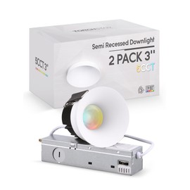 TORCHSTAR 5CCT Trimless 3 Inch LED Recessed Light, 12W Canless Dimmable LED Downlights with J-Box, Anti-Glare Semi-Recessed Downlight, 2700K/3000K/4000K/4500K/6500K Selectable, CRI 90, Pack of 2