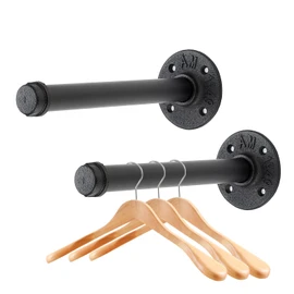 Home Expert 8 Inch Black Industrial Pipe Floating Clothing Rack Wall Mounted, Heavy Duty Garment Rack for Hanging Clothes, Multi-purpose Hanging Rod for Closet Storage, 2 Pack