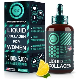 WILD FUEL Liquid Collagen Peptides with Biotin Vitamins for Hair Skin and Nails - 10,000mcg Liquid Collagen for Women and Men 5,000mcg Biotin - Lemon Flavor, up to 2-Month - 2 oz