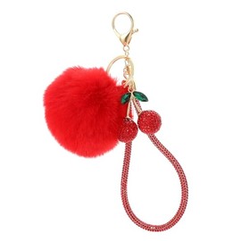 Furry Pom Pom Keychain with Rhinestone Cherry Charm - Multi-Color Bling Keyring for Bags, Keys, & Decor-Red