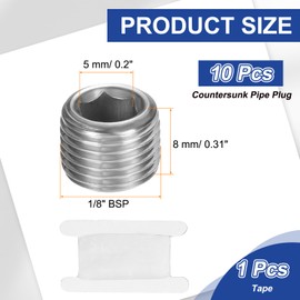 PATIKIL 10 Pcs 304 Stainless Steel Pipe Plug 1/8" BSP Male Internal Hex Thread Socket Pipe Plug Hex Countersunk Pipe Fitting for Sealing Water Oil Gas Pipeline, Silver