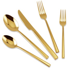 Kelenfer Stainless Steel Flatware Set Hand Forged 18/10 Silverware Set Cutlery Set Gold Cuboid Handle Mirror Finished 20 Pieces Service for 4