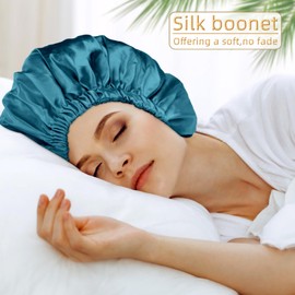 Satin Bonnet Silk Bonnet Hair Bonnet for Sleeping-Slouchy Beanie Hat Satin Sleep Cap for Women's Natural & Curly Hair(Blue Zircon&Dark Pink)