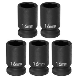HARFINGTON 5pcs 6 Point Impact Socket 16mm Metric Socket 1/2" Square Drive 1.5" (38mm) Long Phosphated Cr-Mo Steel Spindle Axle Hex Nut Sockets, Black